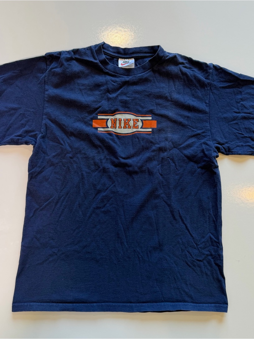 Vintage 90s Nike Center Graphic Shirt Medium Navy Blue Made in USA White Tag